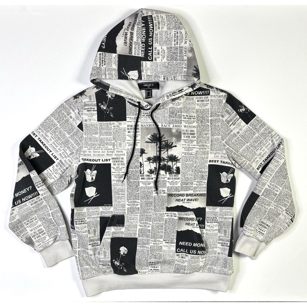 Forever 21 Hoodie Men's Medium Newspaper Pullover Long Sleeve